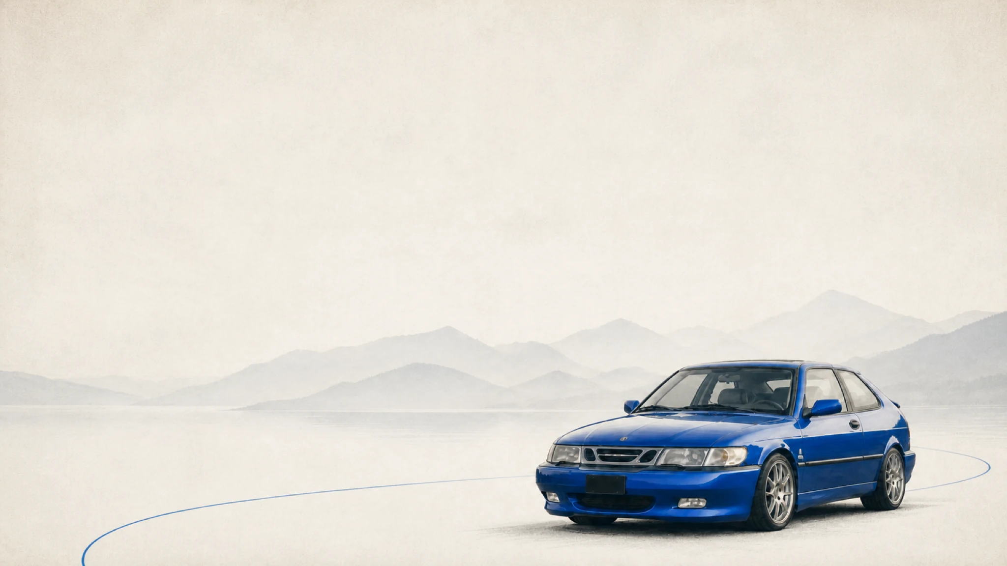 Illustration of a 1999 Saab 9-3 Viggen in Lightning Blue beside a Nordic mountain landscape
