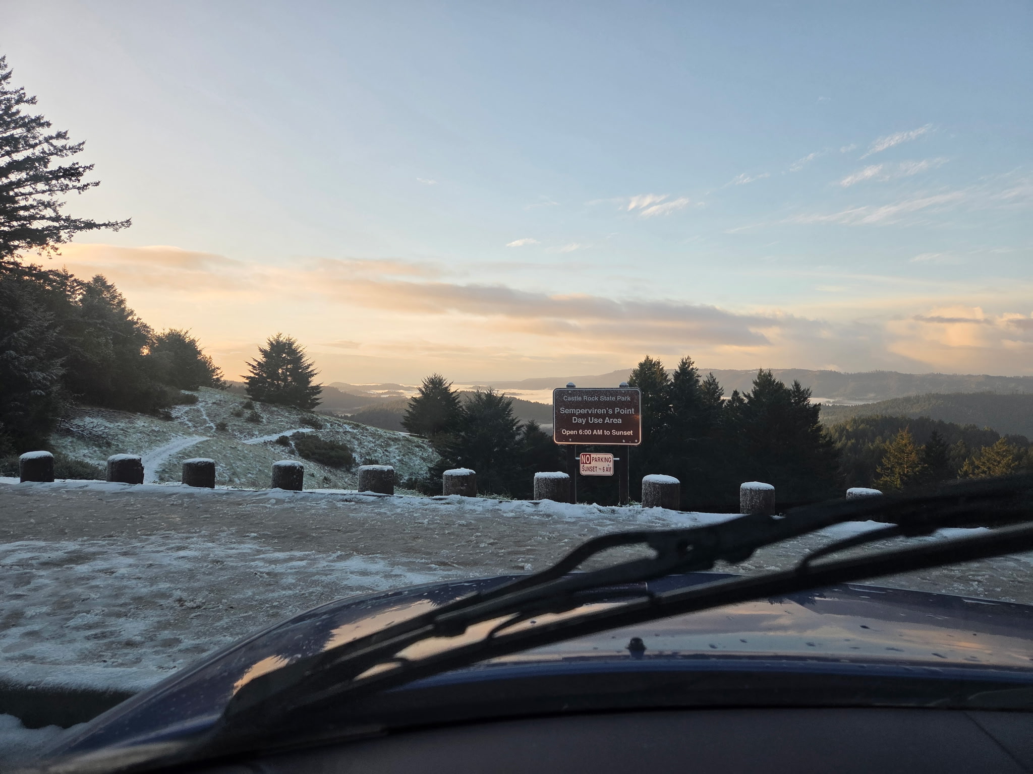 Sunrise over the Santa Cruz Mountains at Castle Rock State Park, seen across the hood of the Viggen from the Highway 9 corridor
